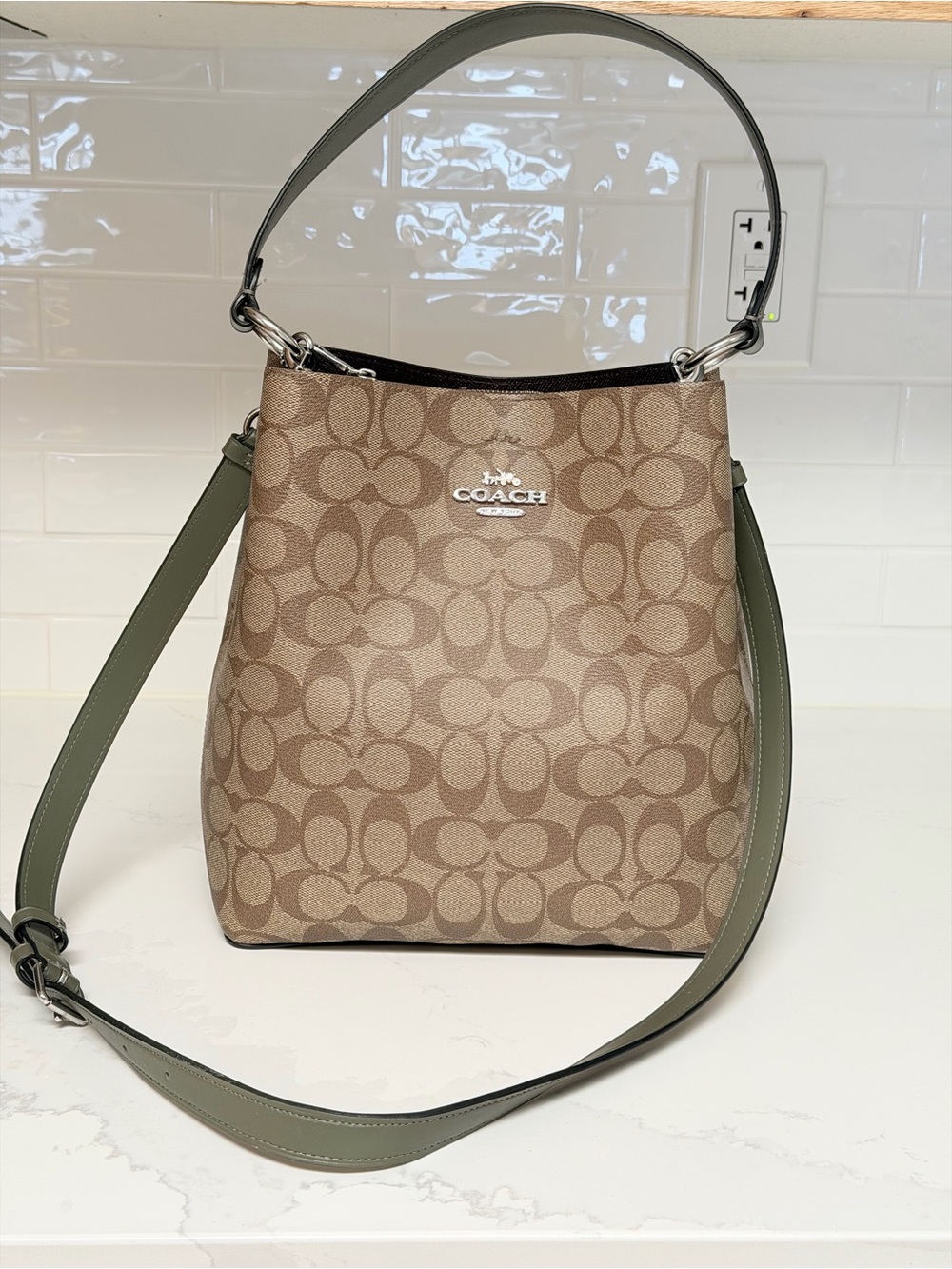 Coach Signature Canvas Bucket Bag in Khaki with Olive Green Trim